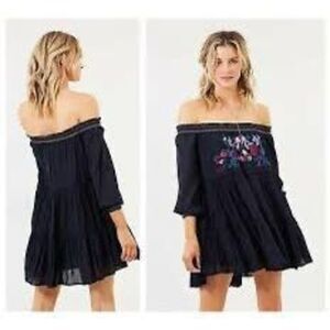 Free People Sunbeam Mini Dress Smocked Embroidered‎ Long Sleeve Black Multi XS
